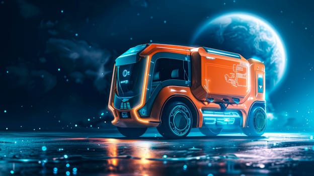 Orange driverless sanitation vehicle. Futuristic trash truck on alien plant. AI generated