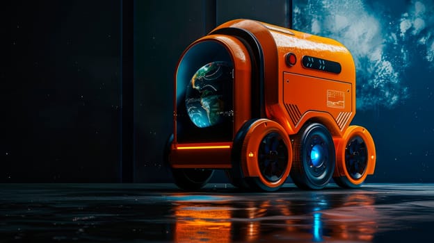 Orange driverless sanitation vehicle. Futuristic trash truck on alien plant. AI generated