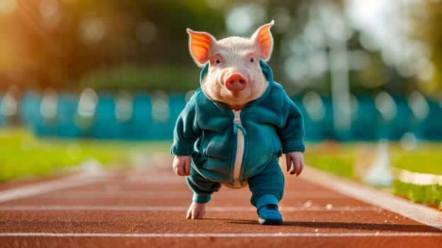 A pig wearing a sports track suit and one sport shoe, stands on the stadium jogging track, healthy lifestyle concept. AI generated