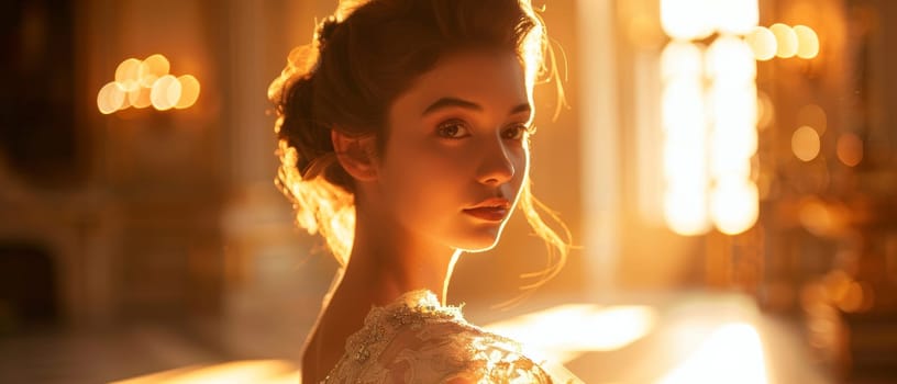 A woman's graceful beauty is highlighted by the golden rays that illuminate her, showcasing her intricate gown in a dance of light and elegance