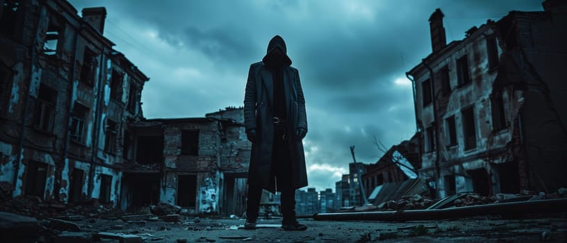 A hooded figure stands ominously against a backdrop of dystopian ruins. The moody atmosphere is palpable in this cinematic portrayal of desolation