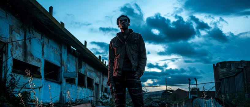 A figure is silhouetted against a striking sunset, offering a moment of beauty and hope amidst the stark backdrop of urban decay and ruin