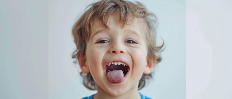 A wide panoramic shot captures a young boy with tousled hair laughing with his tongue out, embodying the essence of childlike glee. The image conveys pure joy and the uninhibited spirit of childhood