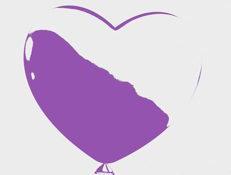 A balloon in the shape of a heart half painted purple in close-up on a white background