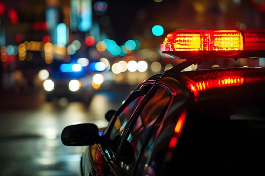 police car lights at night in city street with selective focus and bokeh. Neural network generated image. Not based on any actual person or scene.
