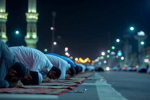 Muslim prayers praying at Ramadan night with selective focus. Neural network generated in January 2024. Not based on any actual scene or pattern.