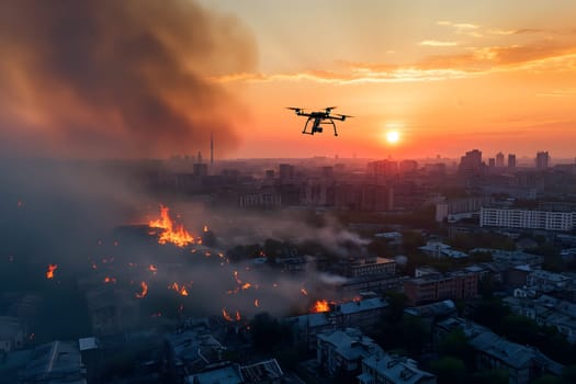 Copter drone over burning city at sunset or sunrise. Neural network generated image. Not based on any actual scene or pattern.