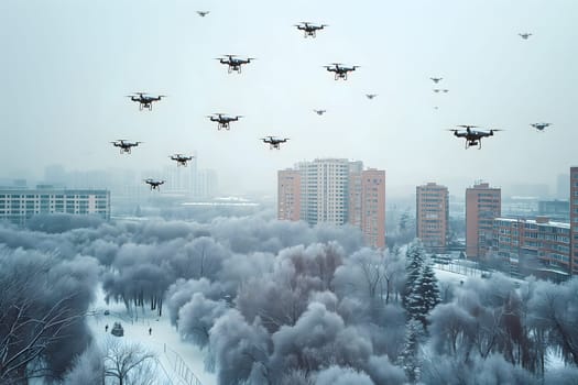 Group of drones over city at winter day or morning. Neural network generated image. Not based on any actual scene or pattern.