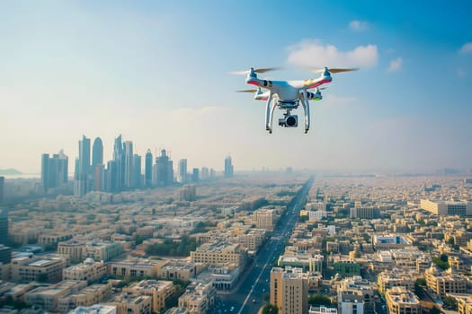 Flying drone above the city at sunny summer day. Neural network generated image. Not based on any actual scene or pattern.