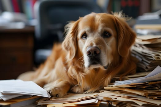 dog in an office, overwhelmed by a mountains of paperwork. Neural network generated in January 2024. Not based on any actual scene or pattern.
