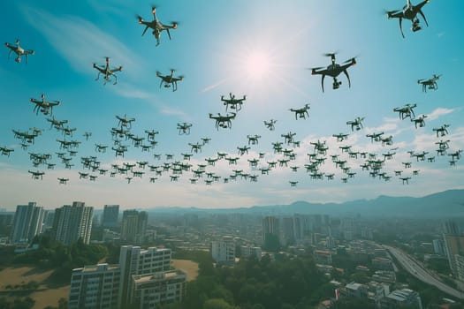 swarm of drones over city at summer morning. Neural network generated image. Not based on any actual scene or pattern.