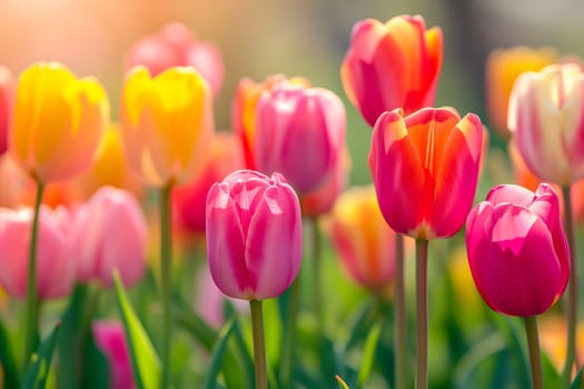 Beautiful Spring Nature background with tulip Flowers, selective focus. Vivid colors. Neural network generated in January 2024. Not based on any actual scene or pattern.