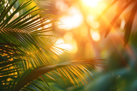 Vibrant sunny backdrop palm leaves with golden sun light. Neural network generated in January 2024. Not based on any actual scene or pattern.
