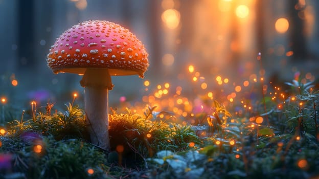 Magical mushroom in fantasy enchanted fairy tale forest. Neural network generated in January 2024. Not based on any actual scene or pattern.