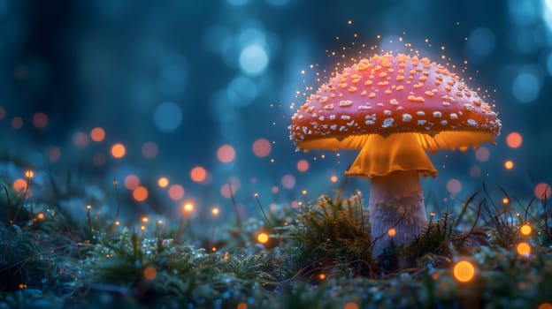 Magical mushroom in fantasy enchanted fairy tale forest. Neural network generated in January 2024. Not based on any actual scene or pattern.
