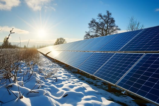 Photovoltaic solar panels in the field at sunny winter day. Neural network generated in January 2024. Not based on any actual scene or pattern.