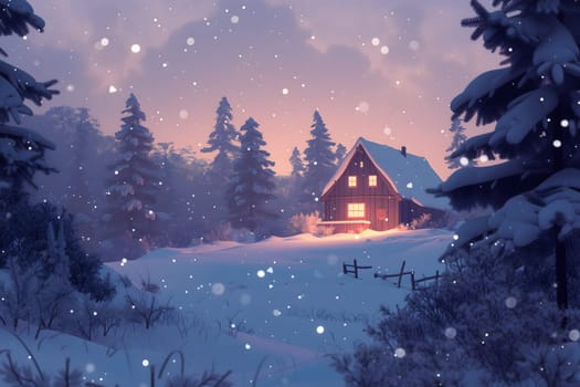 Wooden hut in spruce forest at winter evening snowfall. Neural network generated in January 2024. Not based on any actual scene or pattern.