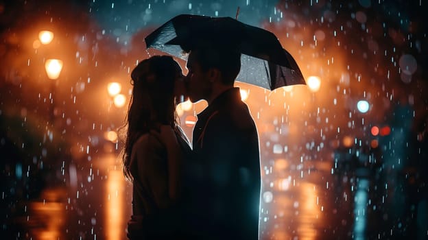 Couple kissing in the rain with back cinematic light. Neural network generated image. Not based on any actual person or scene.