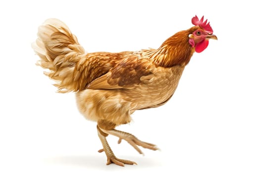Chicken hen on white background. Neural network generated image. Not based on any actual scene or pattern.