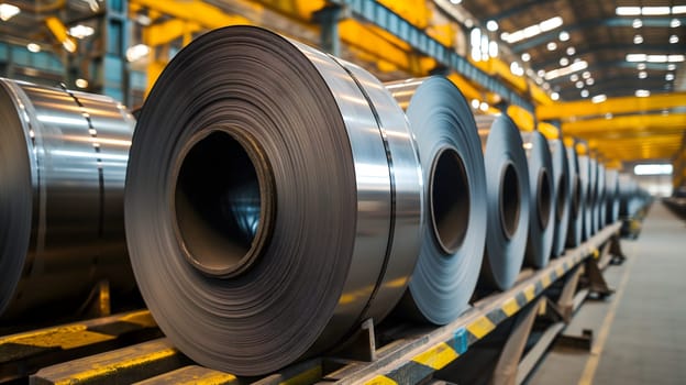 Packed rolls of steel sheet, Cold rolled steel coils in a warehouse. Neural network generated image. Not based on any actual person or scene.