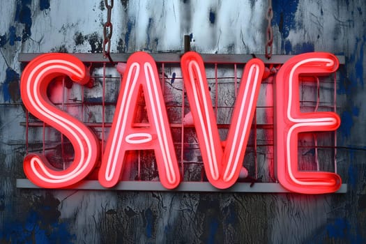 Neon word save on dark shabby wall. Neural network generated image. Not based on any actual scene or pattern.