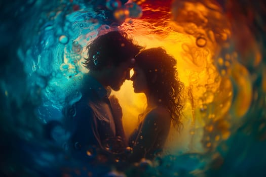 Man and woman embracing in surreal, colorful liquid fantasy dreamscape. Neural network generated image. Not based on any actual person or scene.