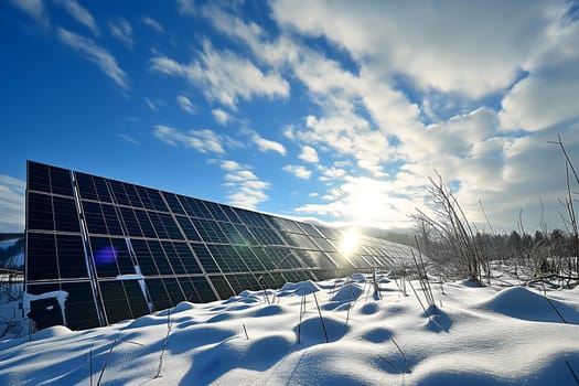Photovoltaic solar panels in the field at sunny winter day. Neural network generated in January 2024. Not based on any actual scene or pattern.