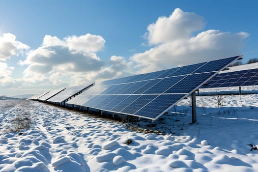 Photovoltaic solar panels in the field at sunny winter day. Neural network generated in January 2024. Not based on any actual scene or pattern.