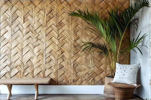 Wicker bamboo wall background with green leaves in a pot and a small bench. Neural network generated image. Not based on any actual scene or pattern.