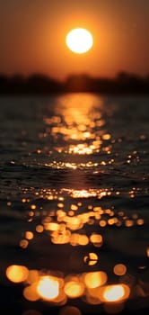 Sunset bokeh on water: golden sky over a body of water, with the light reflecting and creating a bokeh effect.. Neural network generated image. Not based on any actual scene or pattern.