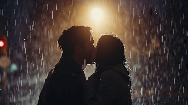 Couple kissing in the rain with back cinematic light. Neural network generated image. Not based on any actual person or scene.