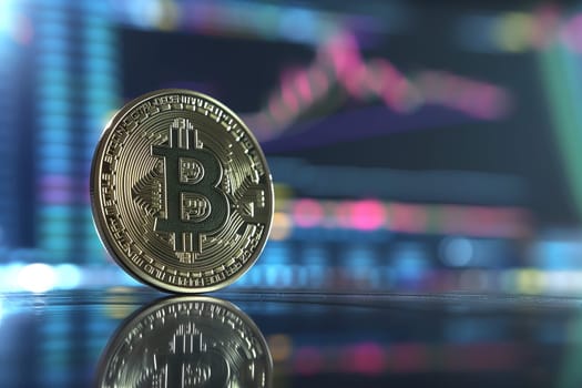 Bitcoin shiner in front of blurry trading charts screen. Dark appearance. Neural network generated image. Not based on any actual scene or pattern.