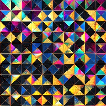 Seamless texture and full-frame background of colorful glass mosaic triangular tiles. Neural network generated image. Not based on any actual scene or pattern.