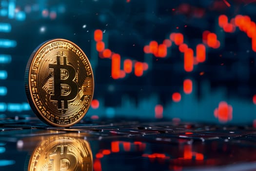 Bitcoin shiner in front of blurry trading charts screen. Dark appearance. Neural network generated image. Not based on any actual scene or pattern.