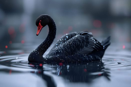 Black swan on water surface, close up. Neural network generated image. Not based on any actual scene or pattern.