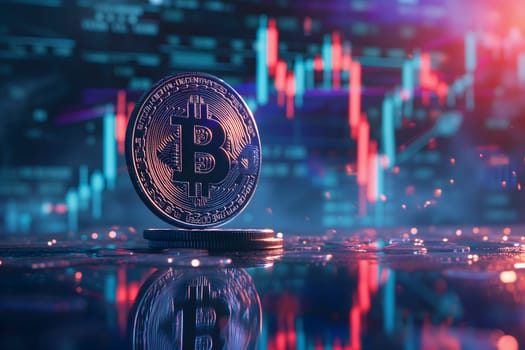 Bitcoin shiner in front of blurry trading charts screen. Dark appearance. Neural network generated image. Not based on any actual scene or pattern.