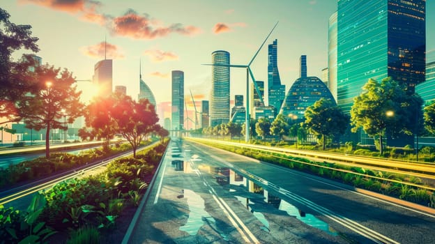 Concept of sustainable energy solution in modern city.View of eco friendly city. AI generated