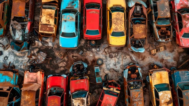 Birds eye view of a car junkyard. Old cars waiting to be shredded in a recycling park.AI generated