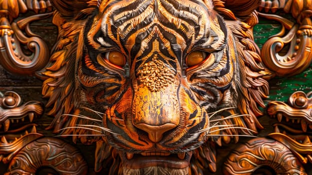 Wooden head of tiger carved on the front door. Close up view. AI generated