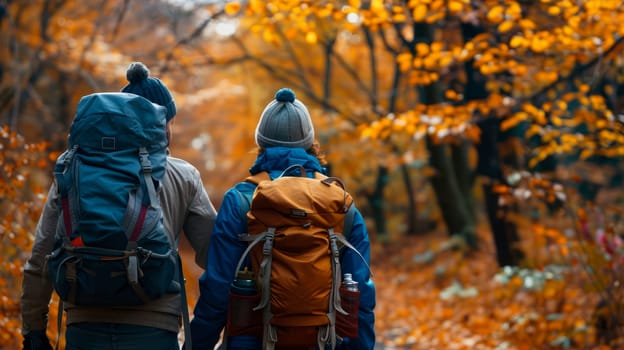 Couple backpackers hiking on the path in a forest during autumn.Trip, nature, hiking. AI generated