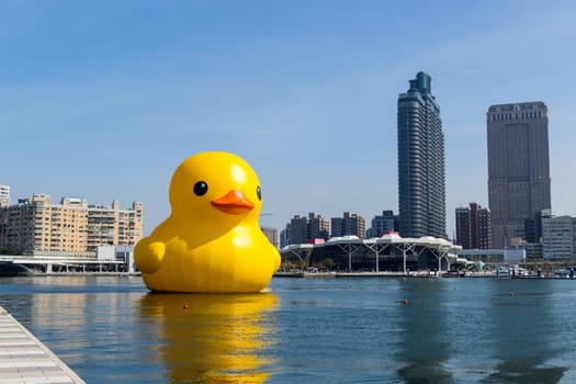 Taiwan 02 February 2024: Kaohsiung bay with yellow rubber duck