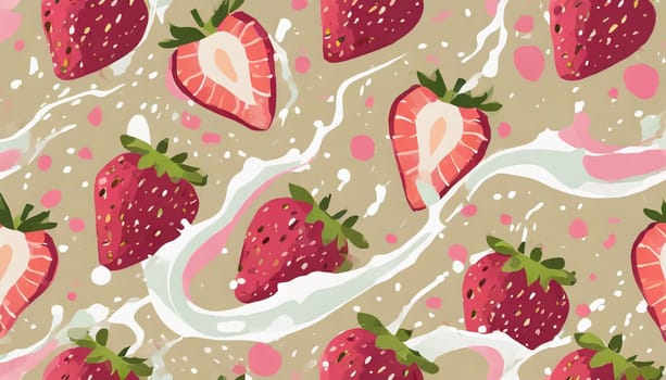 Seamless pattern of fresh strawberries in splashes of milk