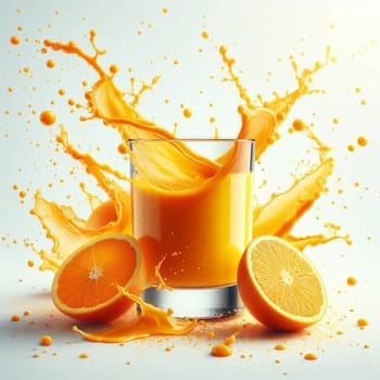 Generative visualization of a glass of orange juice with splashes isolated on white background