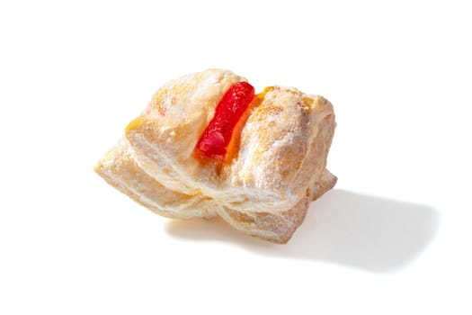 A delightful treat featuring flaky puff pastry filled with vibrant red Turkish Delight, dusted with a veil of powdered sugar