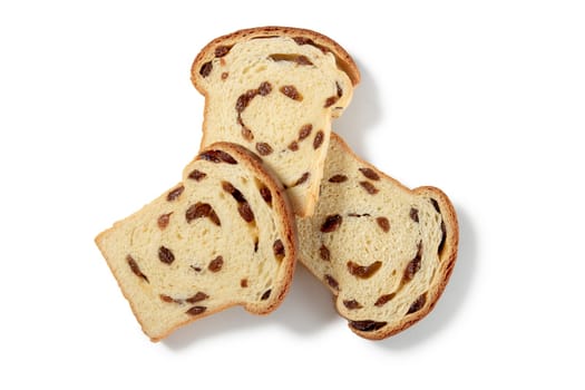 Indulge in the comforting taste of home with a trio of tender overlapping raisin bread slices, each showcasing plump raisins and a golden crust. It captures the essence of homemade goodness, promising warmth and nostalgia in every bite