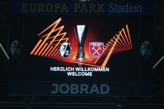 Welcome,welcome is written on the big scoreboard before the match of the Football Europa League - Round of 16: SC Freiburg vs West Ham United
