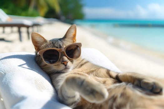 tabby cat with sunglasses laid on tropical beach, vacation theme. Neural network generated image. Not based on any actual person or scene.