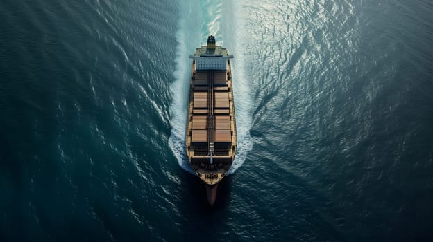 Cargo ship full of standard shipping containers at the sea during shipping at day time. Neural network generated image. Not based on any actual scene or pattern.