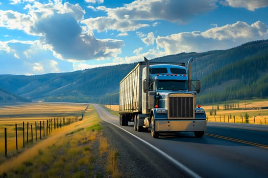 American long-nose semitruck on a highway. Neural network generated image. Not based on any actual scene or pattern.