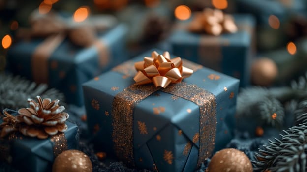 Blue Christmas gift boxes with a gold bow for holiday background. Neural network generated image. Not based on any actual scene or pattern.